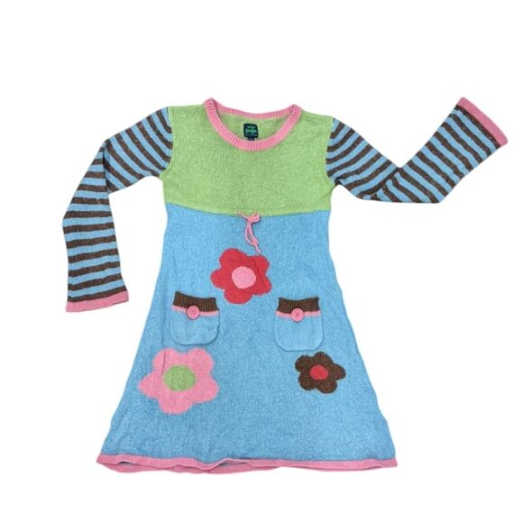 Mini Boden Sweater Dress Blue Green Pink Flower Cotton Angora Wool Girl Size 7 8 - Picture 8 of 8